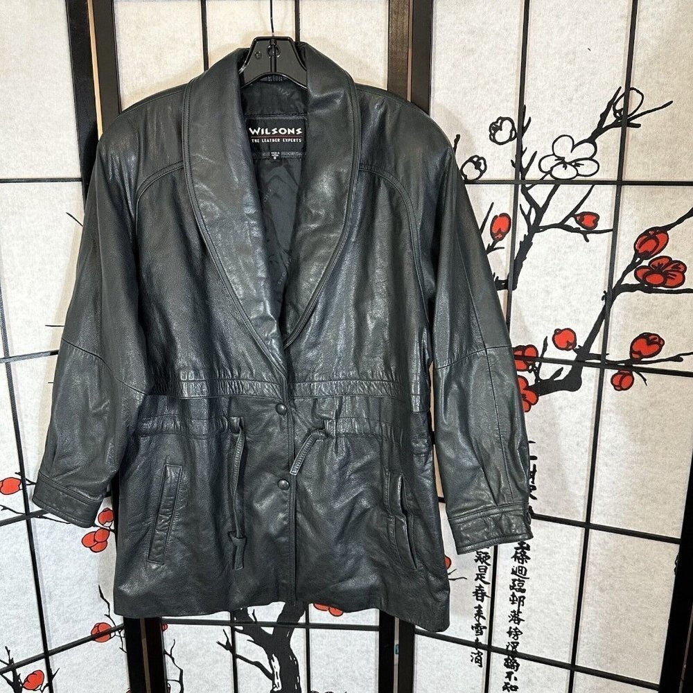Wilsons Leather Men's Jacket Coat Black Drawstring Snap Barn Chore Pockets